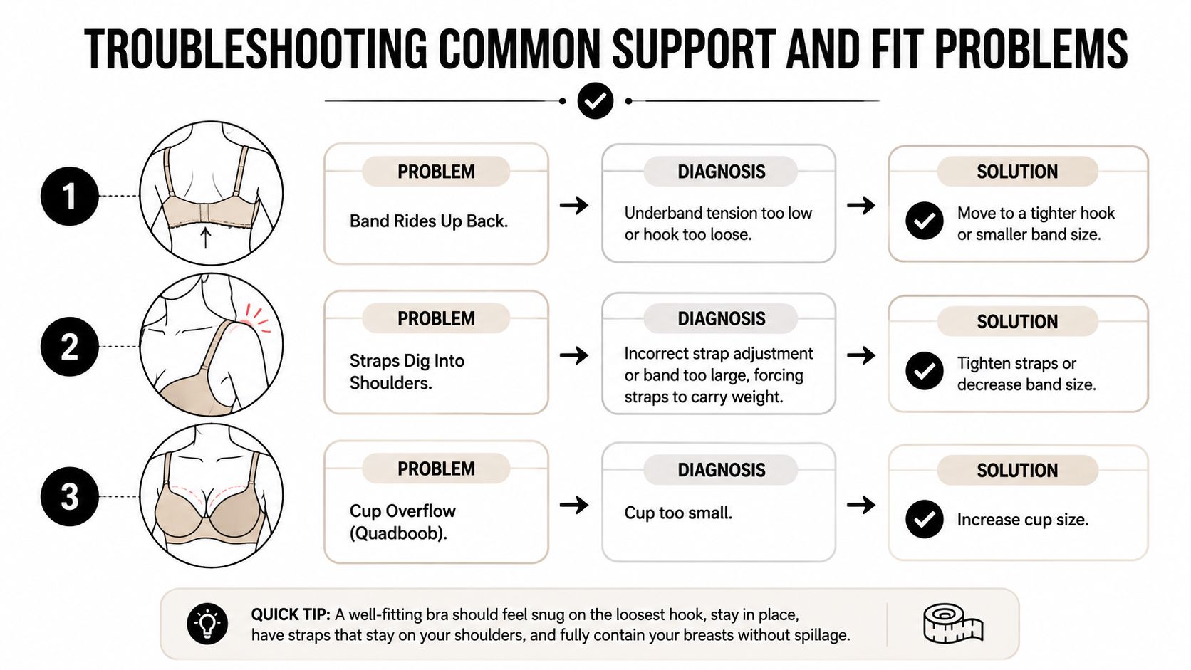 A troubleshooting infographic illustrating common bra fit issues including band riding up, shoulder digging, and cup overflow.