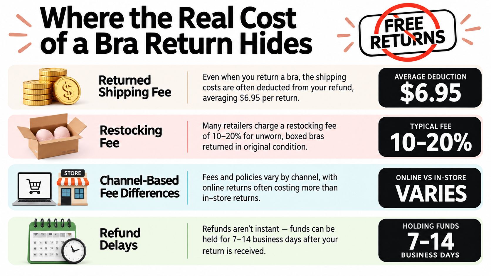An infographic titled Where the Real Cost of a Bra Return Hides, illustrating various hidden return fees.