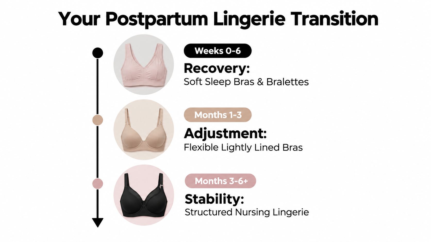 A timeline graphic showing the suggested transition to different types of nursing bras during postpartum recovery stages.