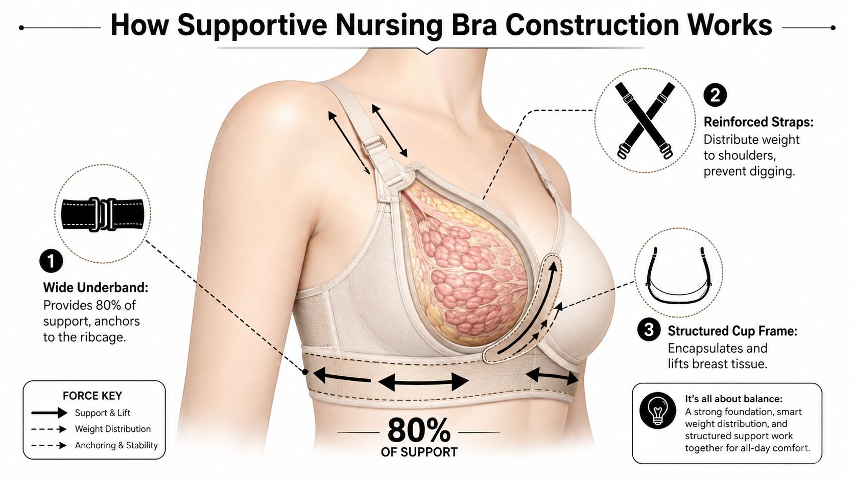 A diagram illustrating the three key structural components of a supportive nursing bra for large breasts.