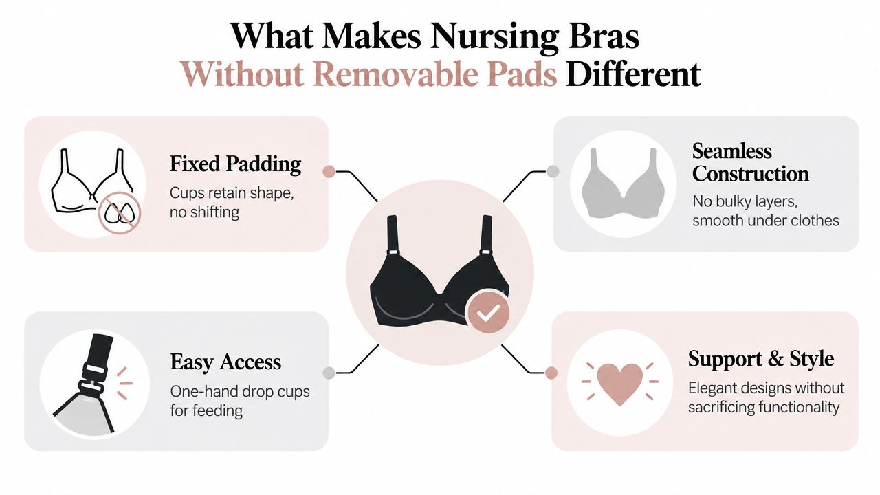 An infographic detailing the features of nursing bras without removable pads, highlighting fixed padding, seamless construction, easy access, and support.