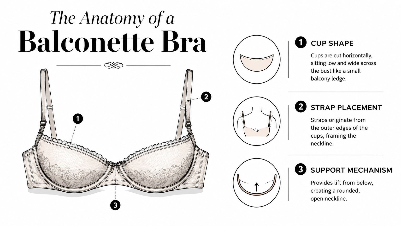 A diagram illustrating the anatomy of a balconette bra, highlighting cup shape, strap placement, and support mechanism.