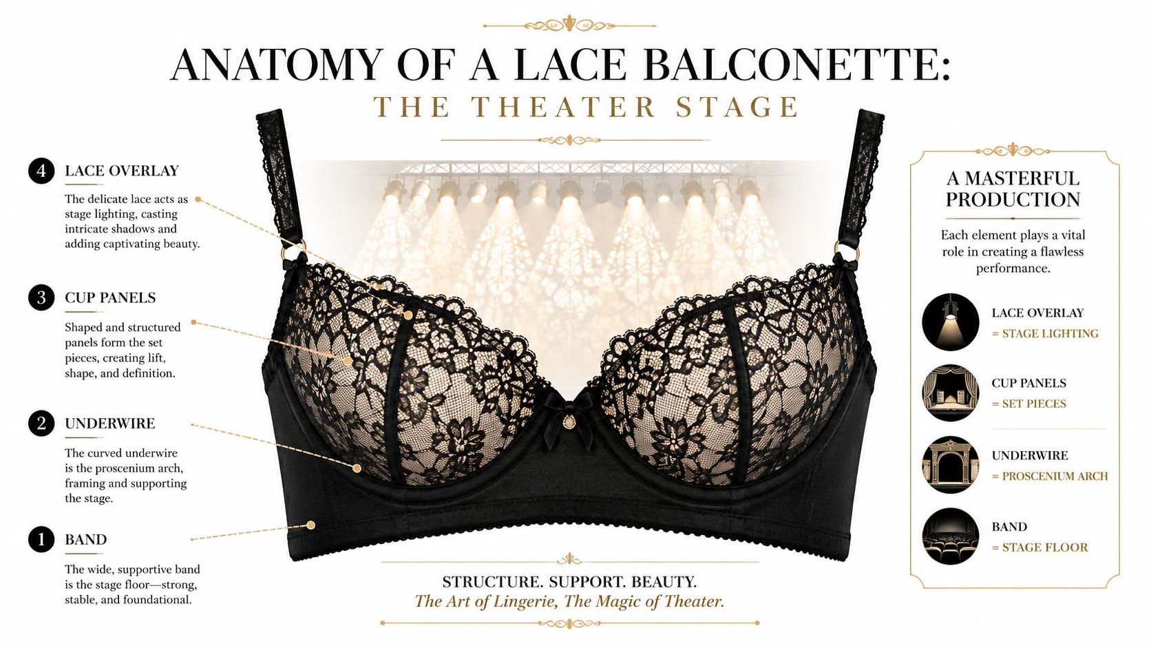 Anatomy of a lace balconette bra showing labeled parts compared to theater stage components.