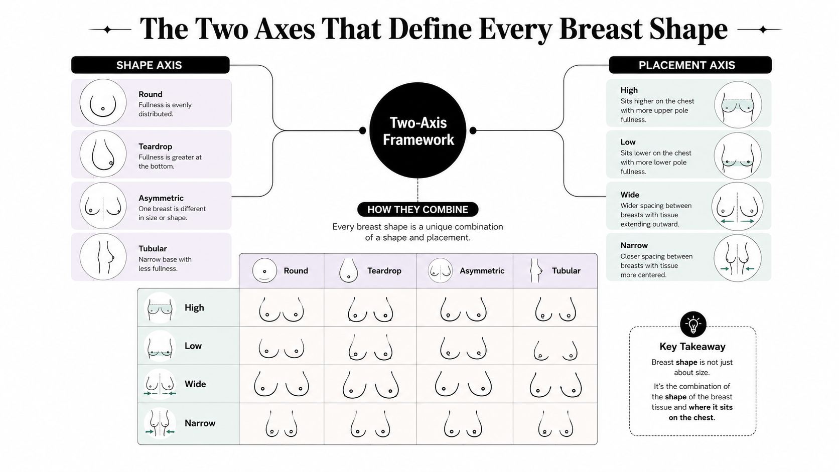 An educational chart illustrating the two-axis framework of breast shapes and placement for better understanding.