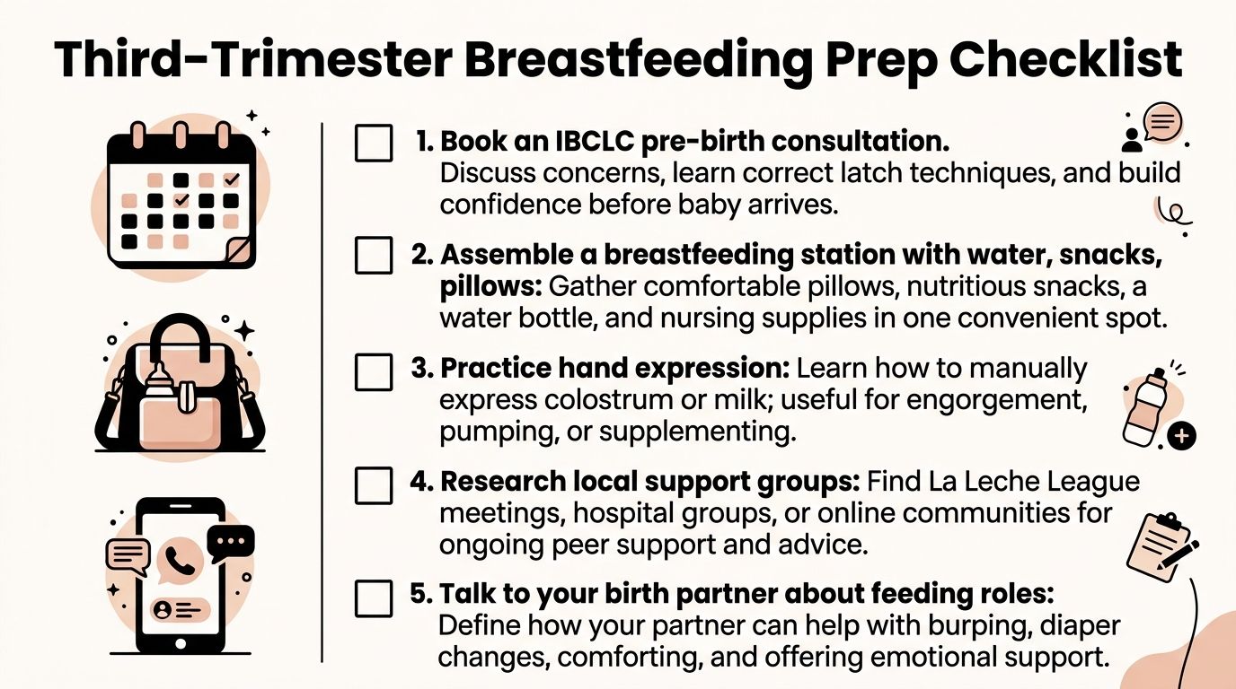 A checklist for third-trimester breastfeeding preparation, including tips on consulting experts, setting up stations, and support.