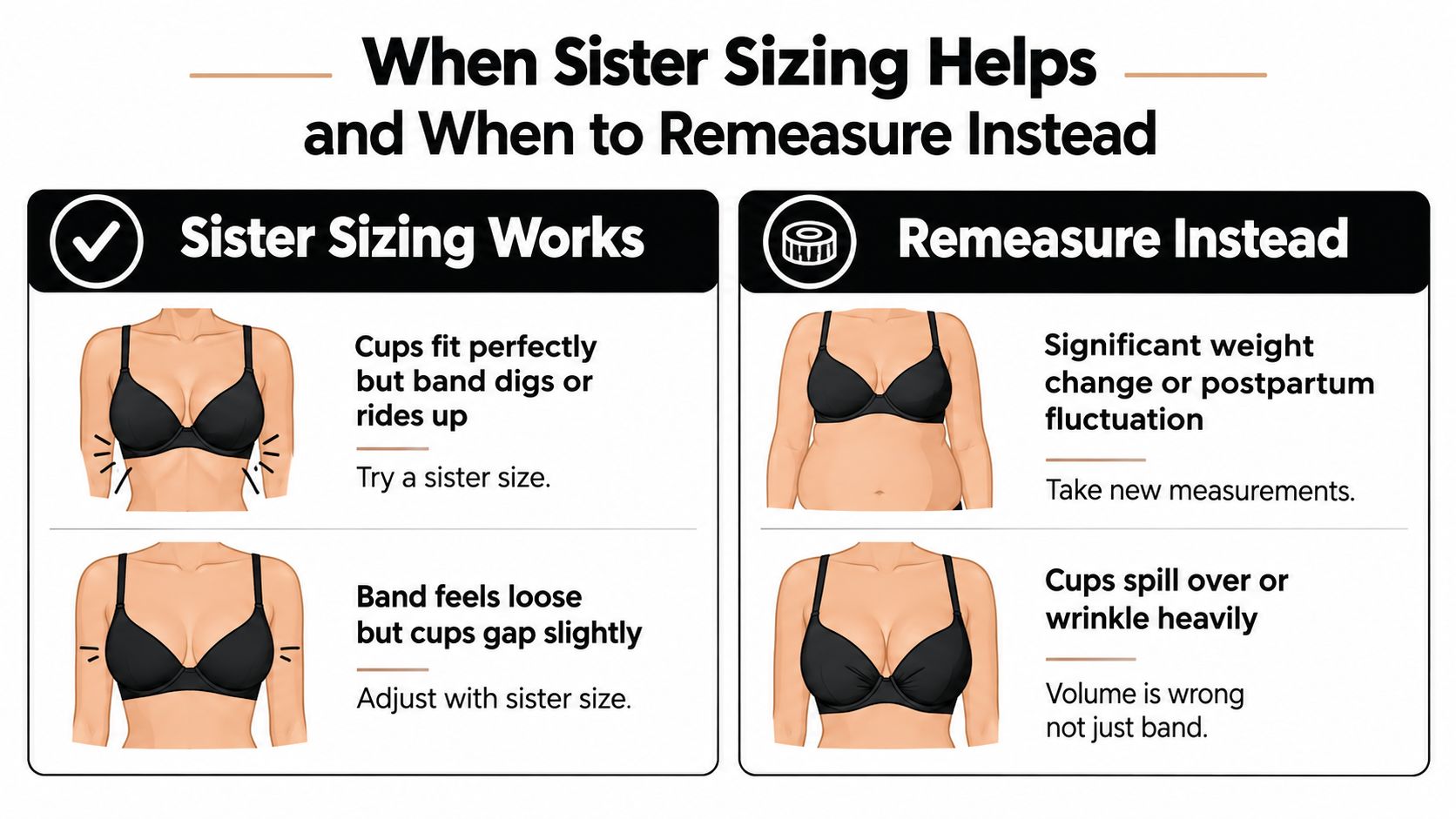 An infographic guiding when to use bra sister sizing versus when it is necessary to remeasure yourself.