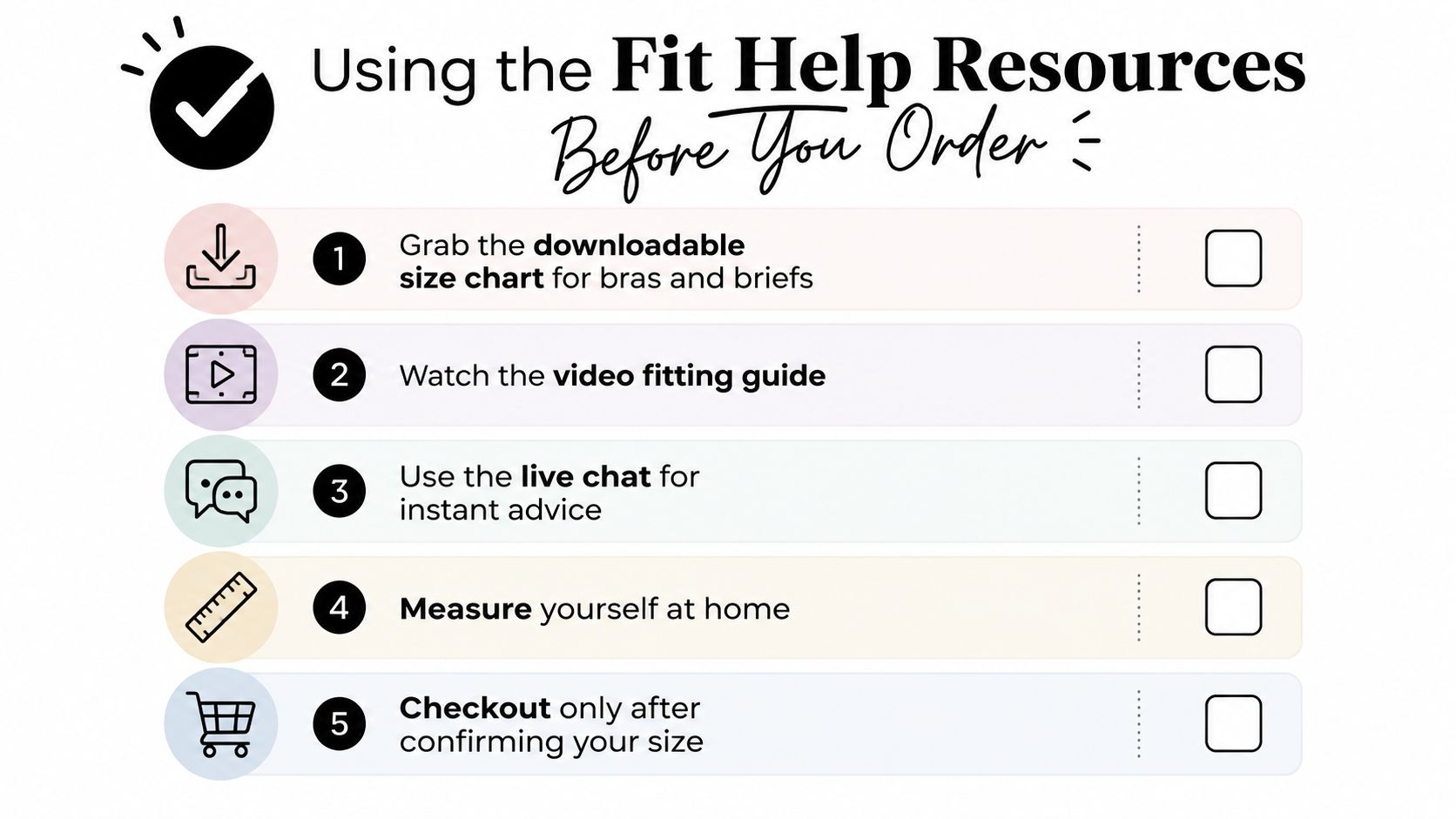 A checklist of five steps to use fit help resources for ordering bras and briefs online.