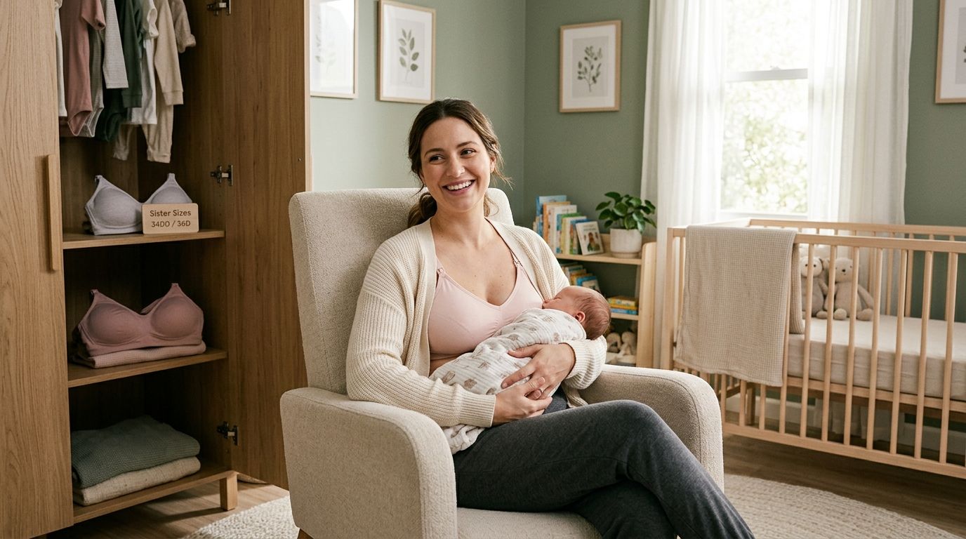 A smiling mother holding her newborn baby while sitting in a nursery rocking chair next to a closet.