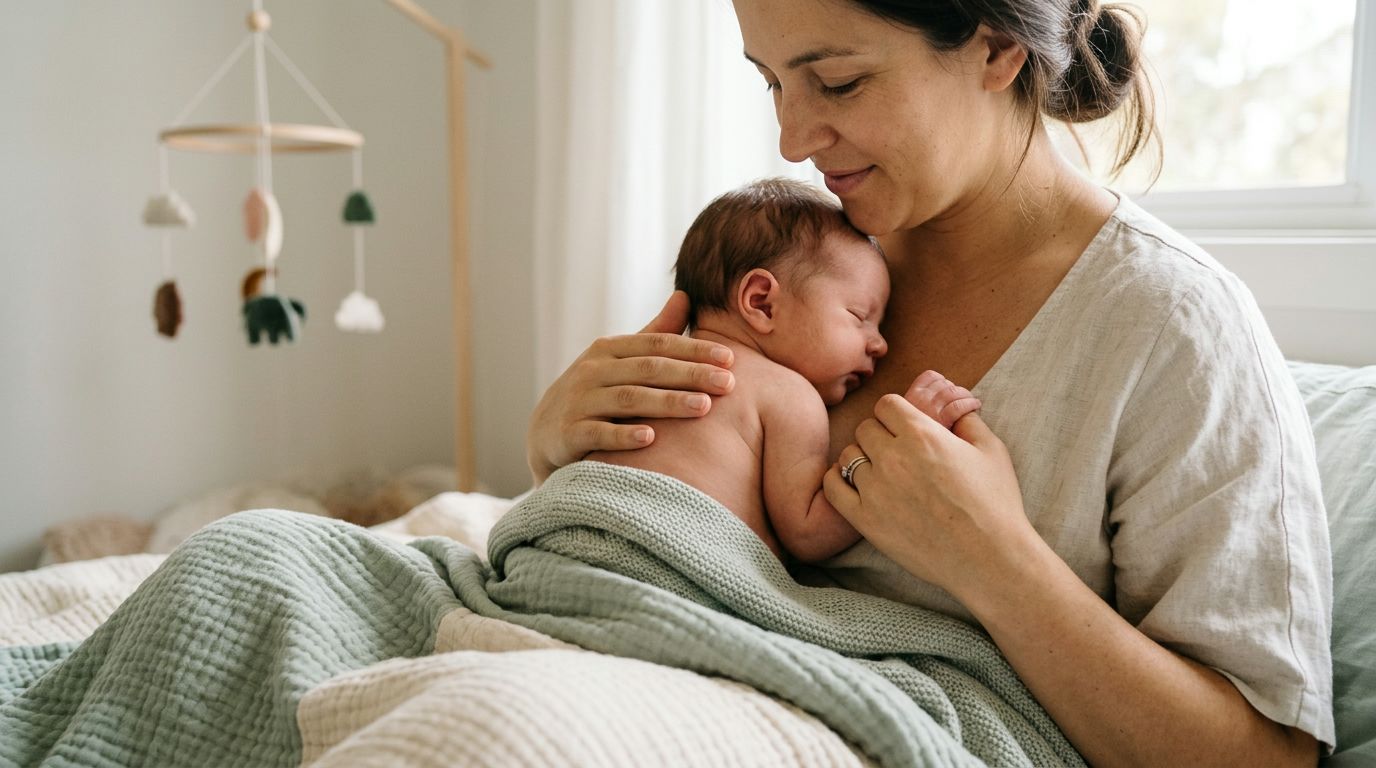 A mother gently cradles her sleeping newborn baby against her chest in a cozy bed.