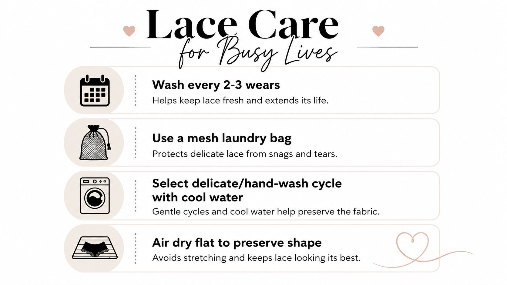 A helpful infographic providing four easy tips on how to properly wash and care for lace lingerie.