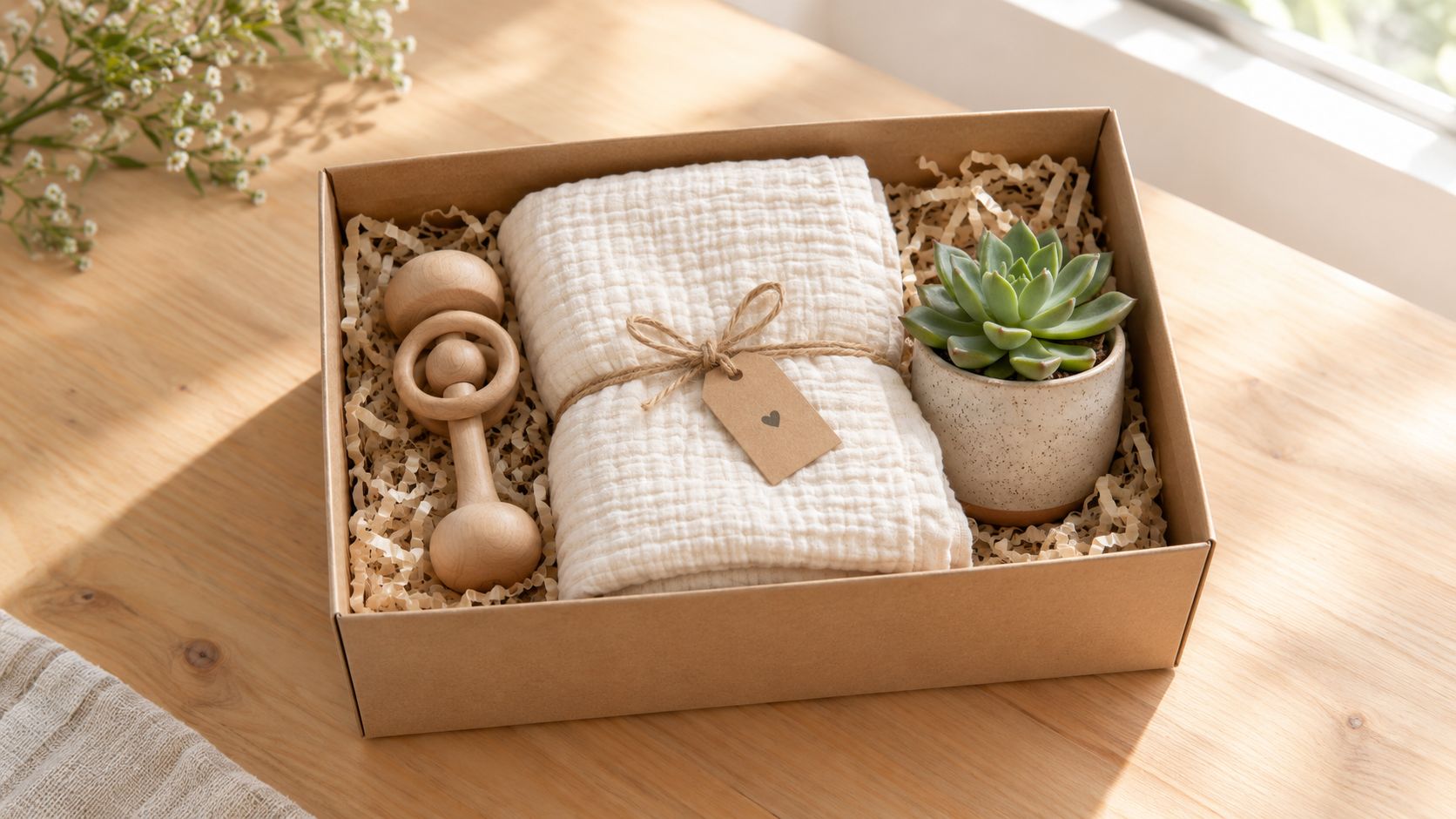 A thoughtfully curated gift box containing a wooden rattle, a soft muslin baby blanket, and a succulent.