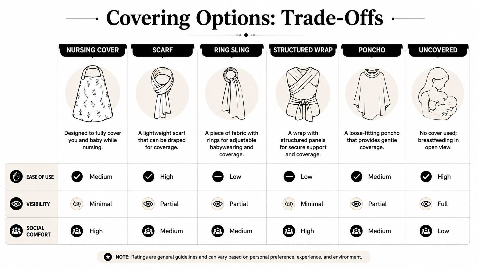 A comparison chart showing various breastfeeding covering options including nursing covers, scarves, wraps, and their comfort levels.