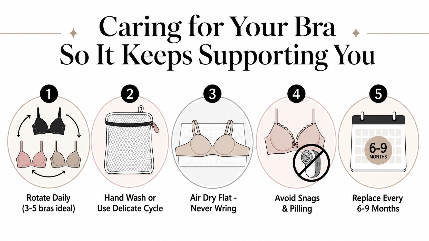 An infographic showing five essential tips for caring for bras to ensure longevity and proper support.