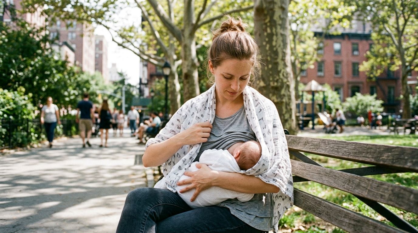 A mother breastfeeding her newborn baby while sitting on a park bench under the shade of trees.