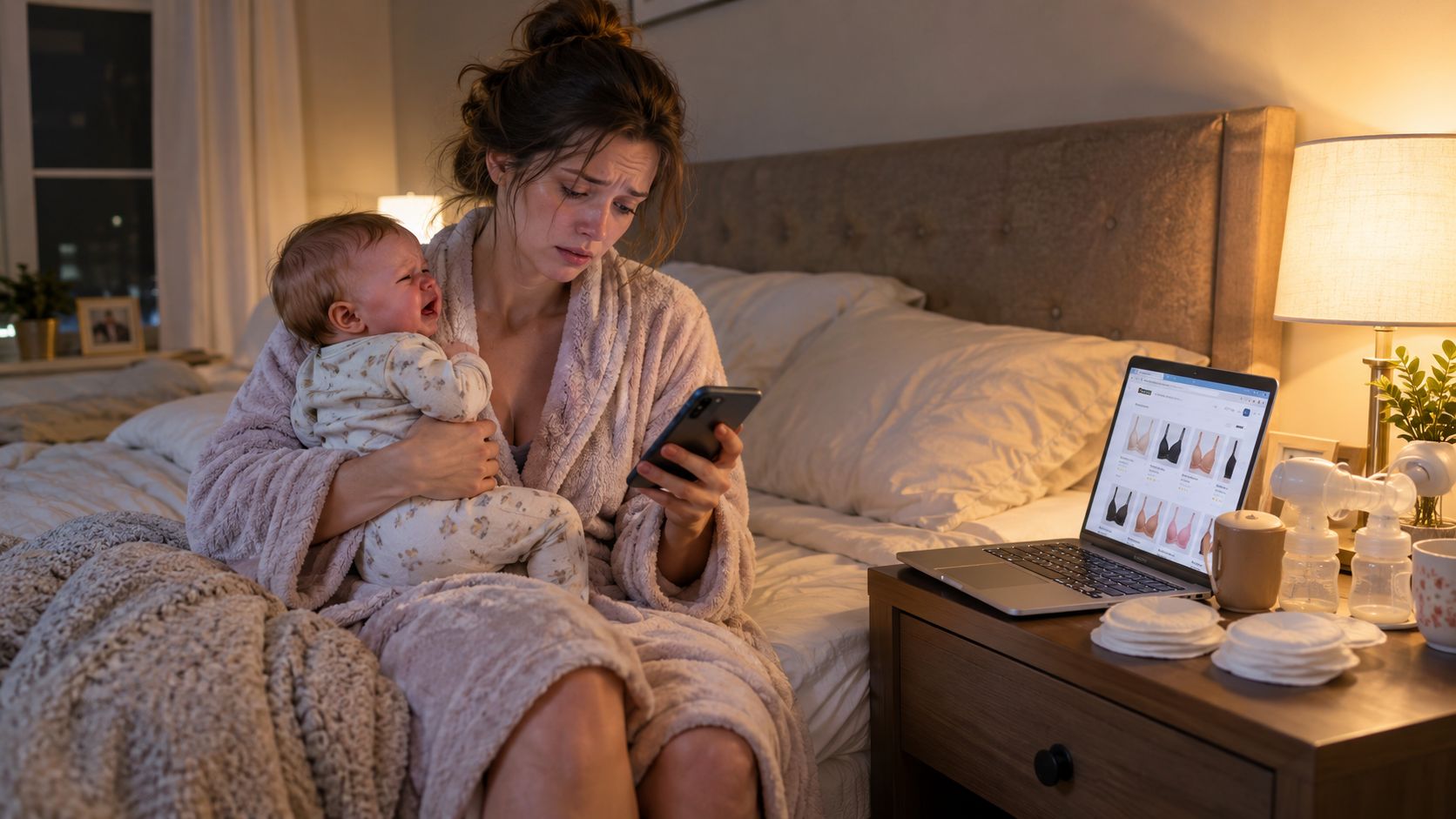 A tired new mother holding her crying baby while shopping for bras online on her laptop at night.