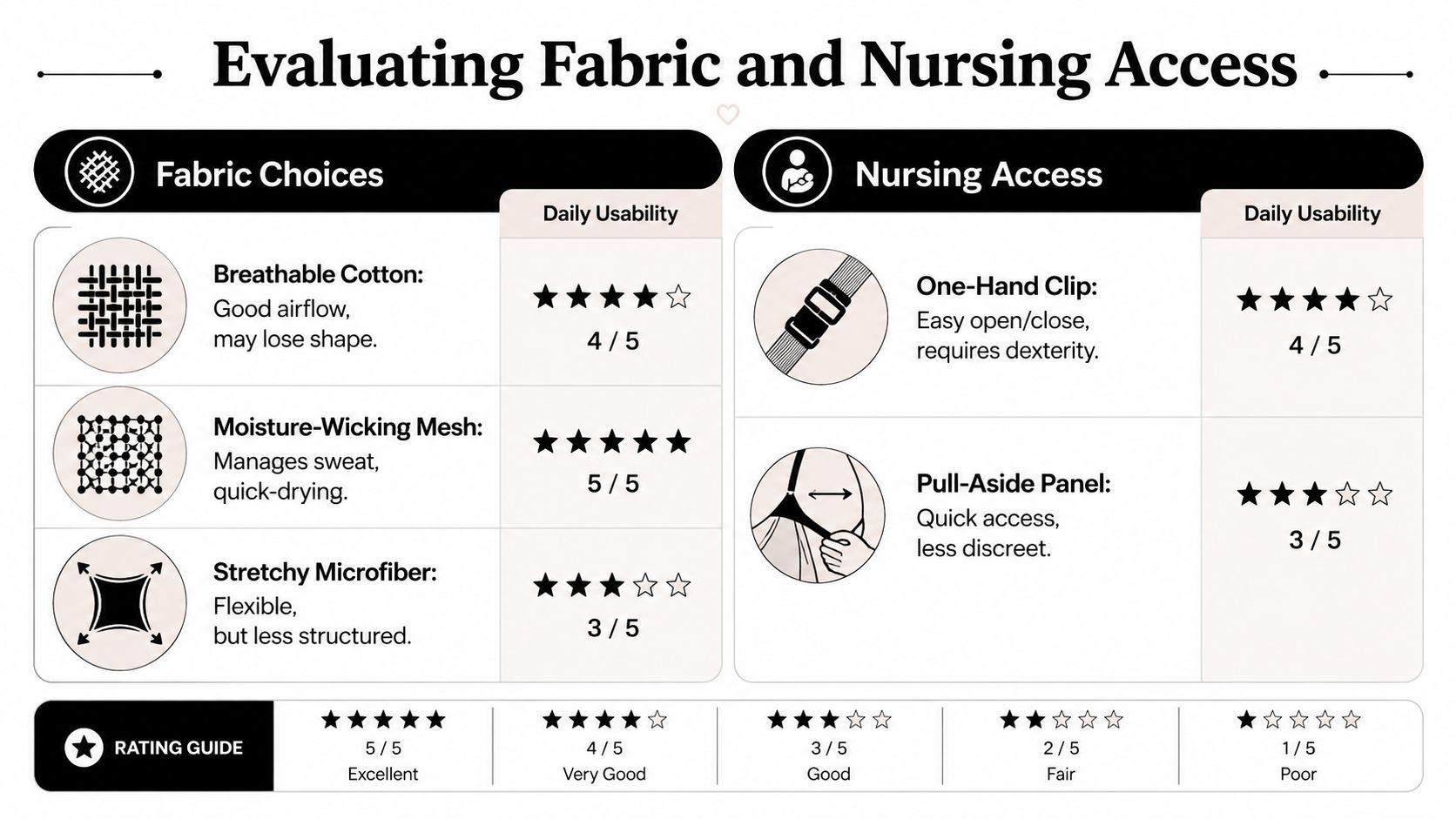 A comparison chart evaluating different nursing bra fabric choices and nursing access styles with ratings.