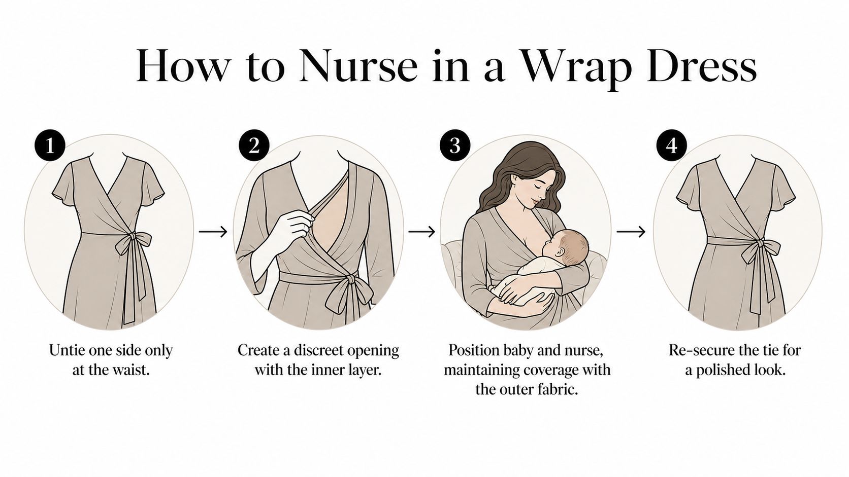 A step-by-step instructional graphic showing how to breastfeed comfortably while wearing a wrap dress.