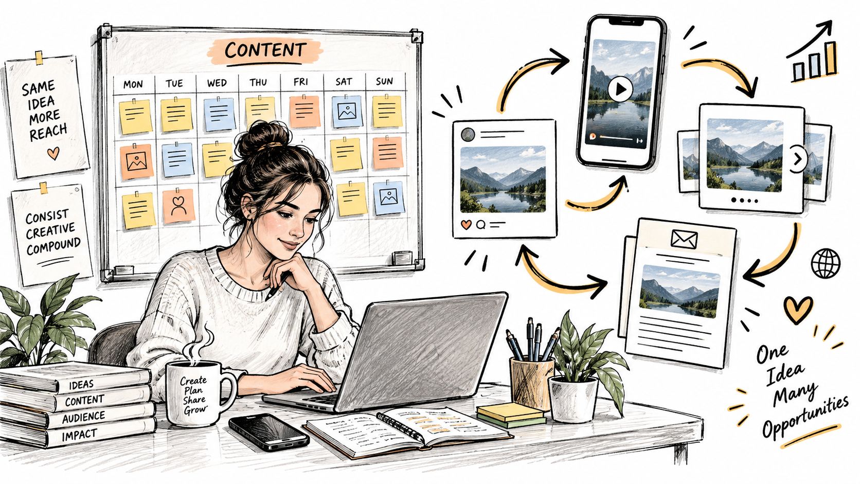 A creative professional planning a content strategy at a desk with a laptop, planner, and workflow diagrams.