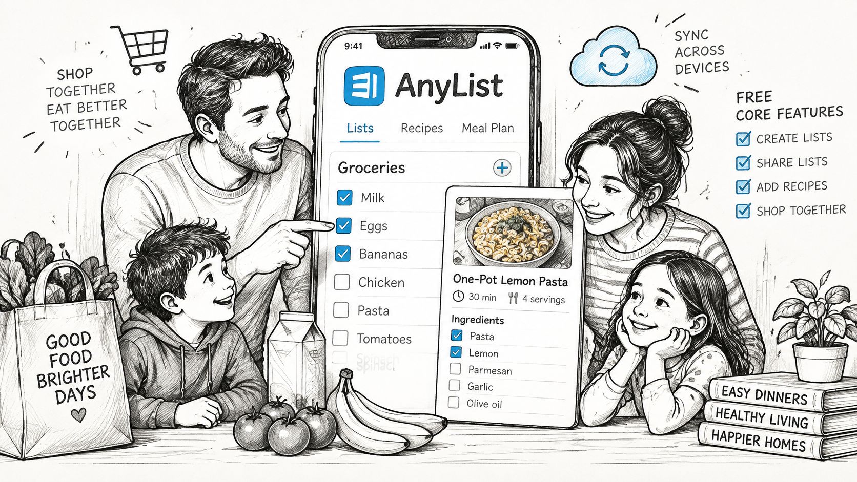 A family smiling together while using the AnyList grocery shopping and meal planning app on their phone.
