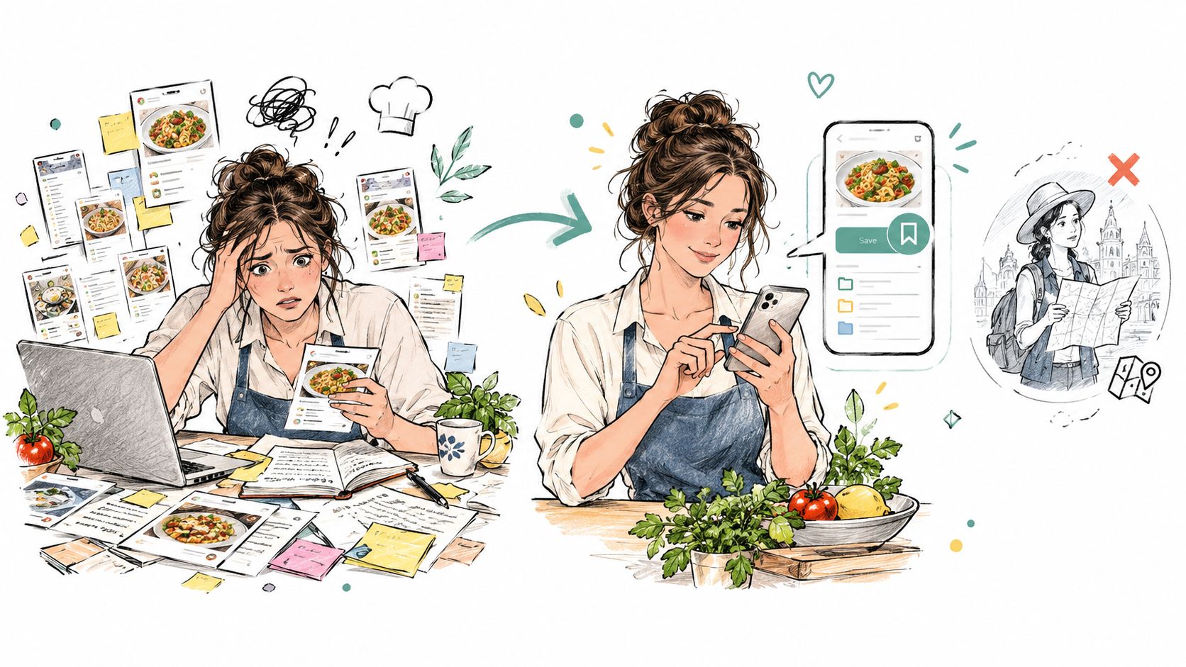 A woman overwhelmed by disorganized cooking recipes finds an easy solution using a digital save recipe app.