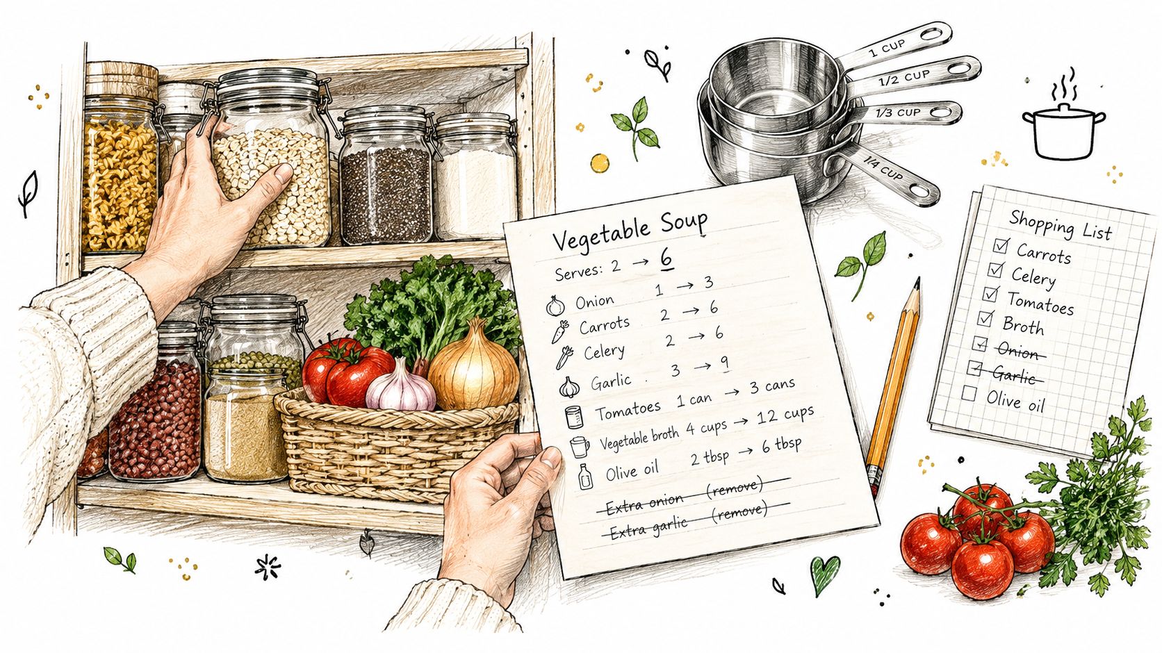 A hand selecting ingredients from a pantry next to a vegetable soup recipe and shopping list.