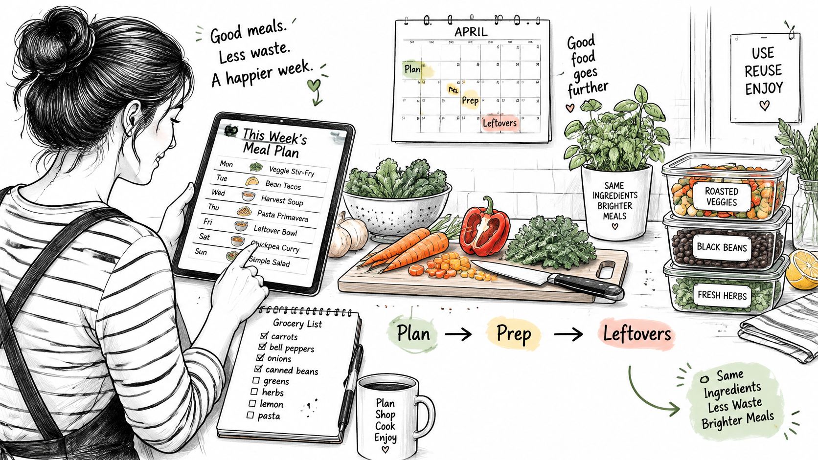 A woman planning her weekly meals on a tablet, accompanied by a grocery list and food containers.