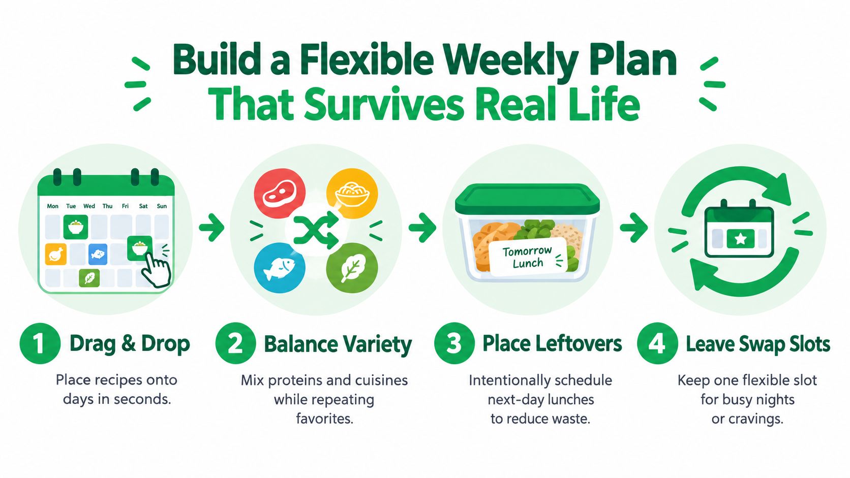 A four-step infographic illustrating how to create a flexible meal plan using a meal planner app.