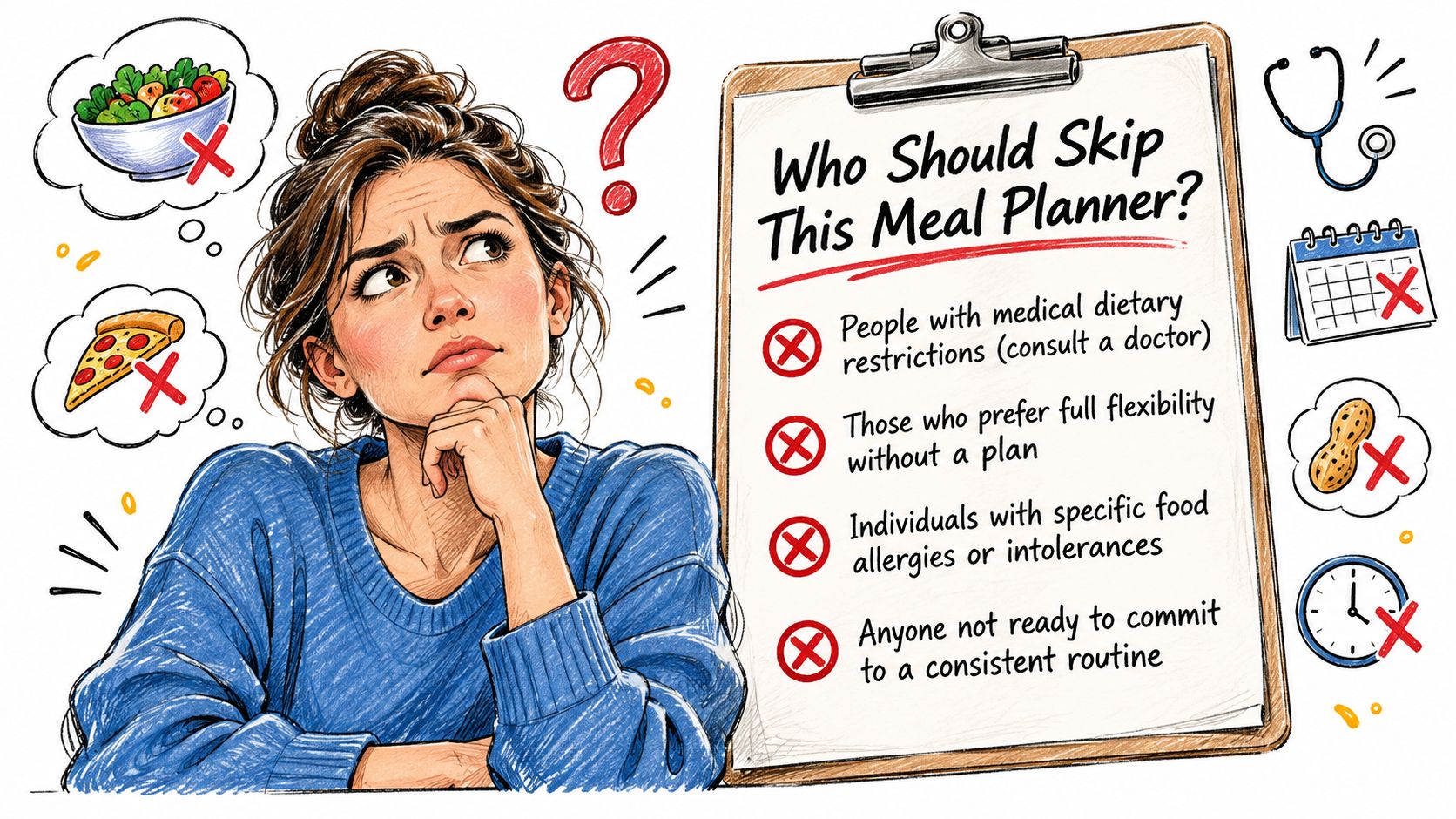 A woman contemplating whether to use a meal planner while reviewing potential dietary restrictions and health considerations.