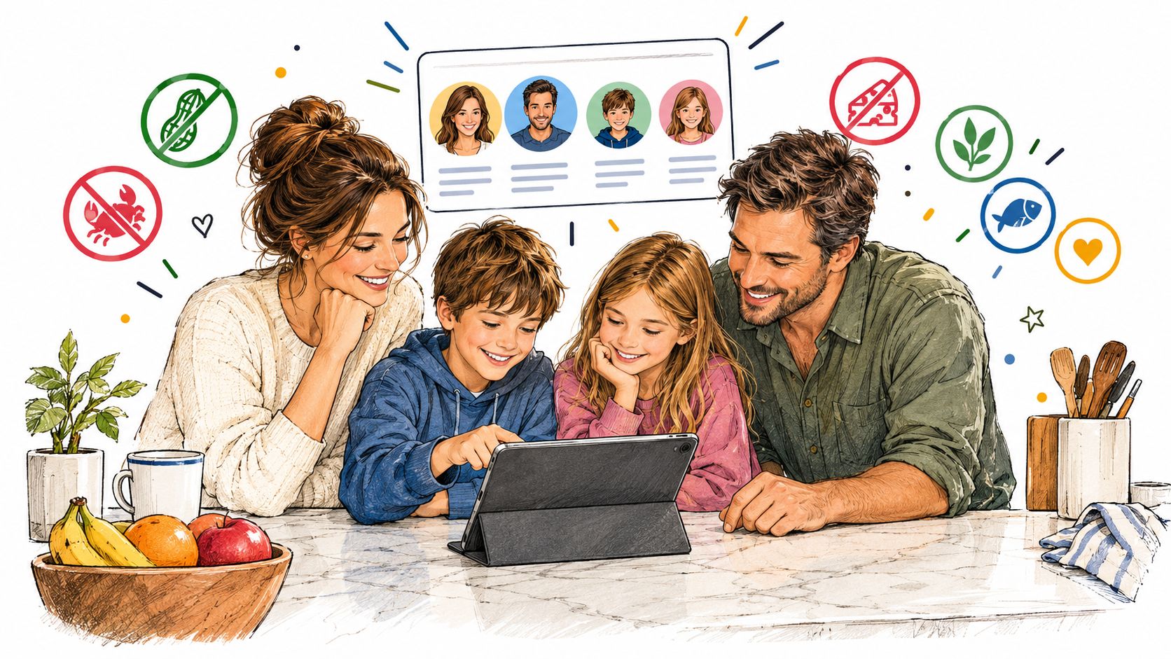 A family of four gathers around a tablet in the kitchen to collaborate on meal planning together.