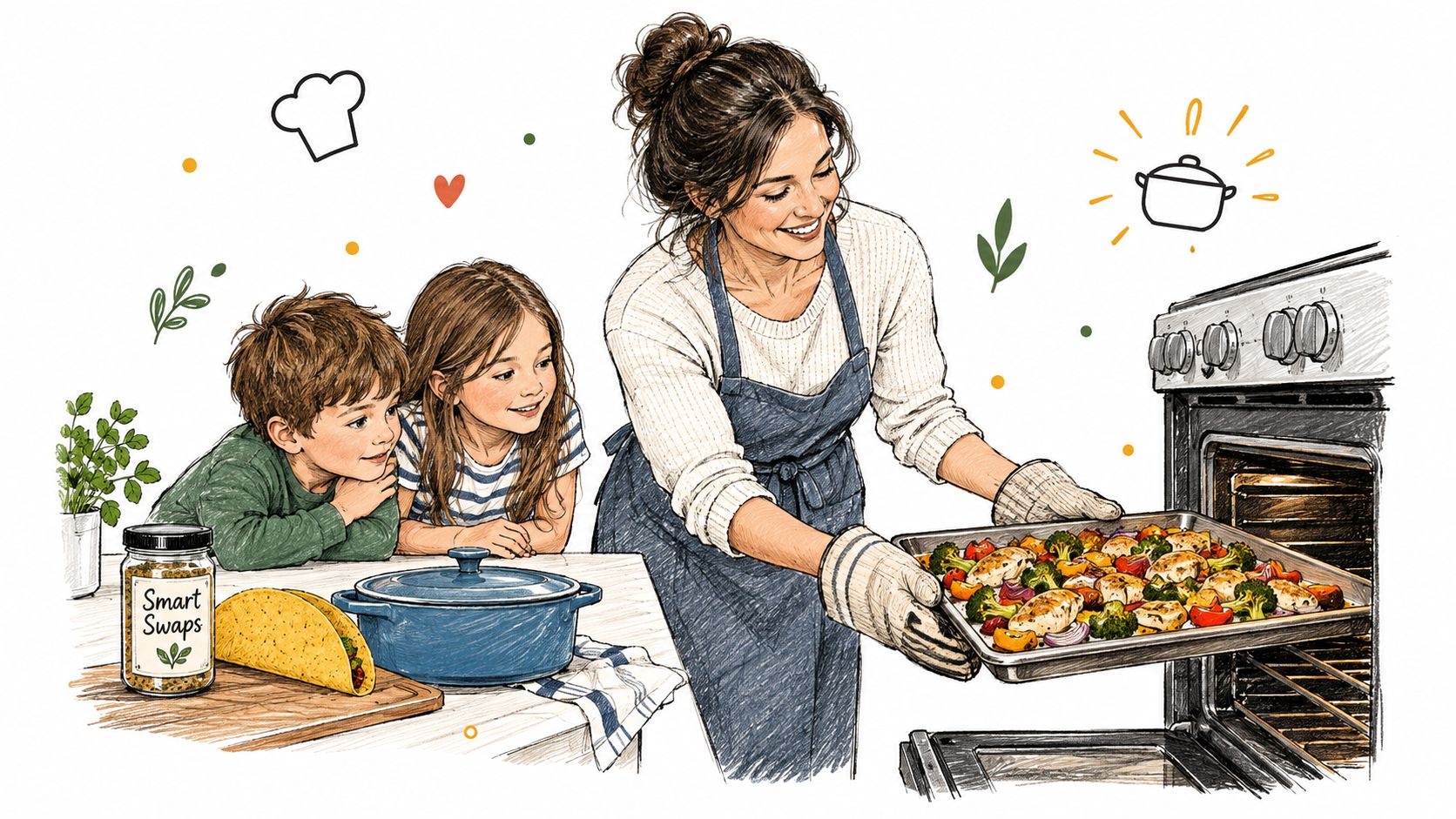 A mother baking a tray of roasted vegetables and chicken with her two children in the kitchen.