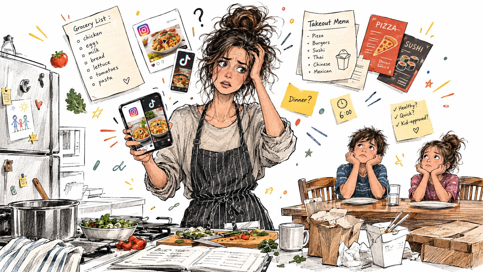 Stressed mother deciding on dinner while looking at social media apps for meal planning inspiration.