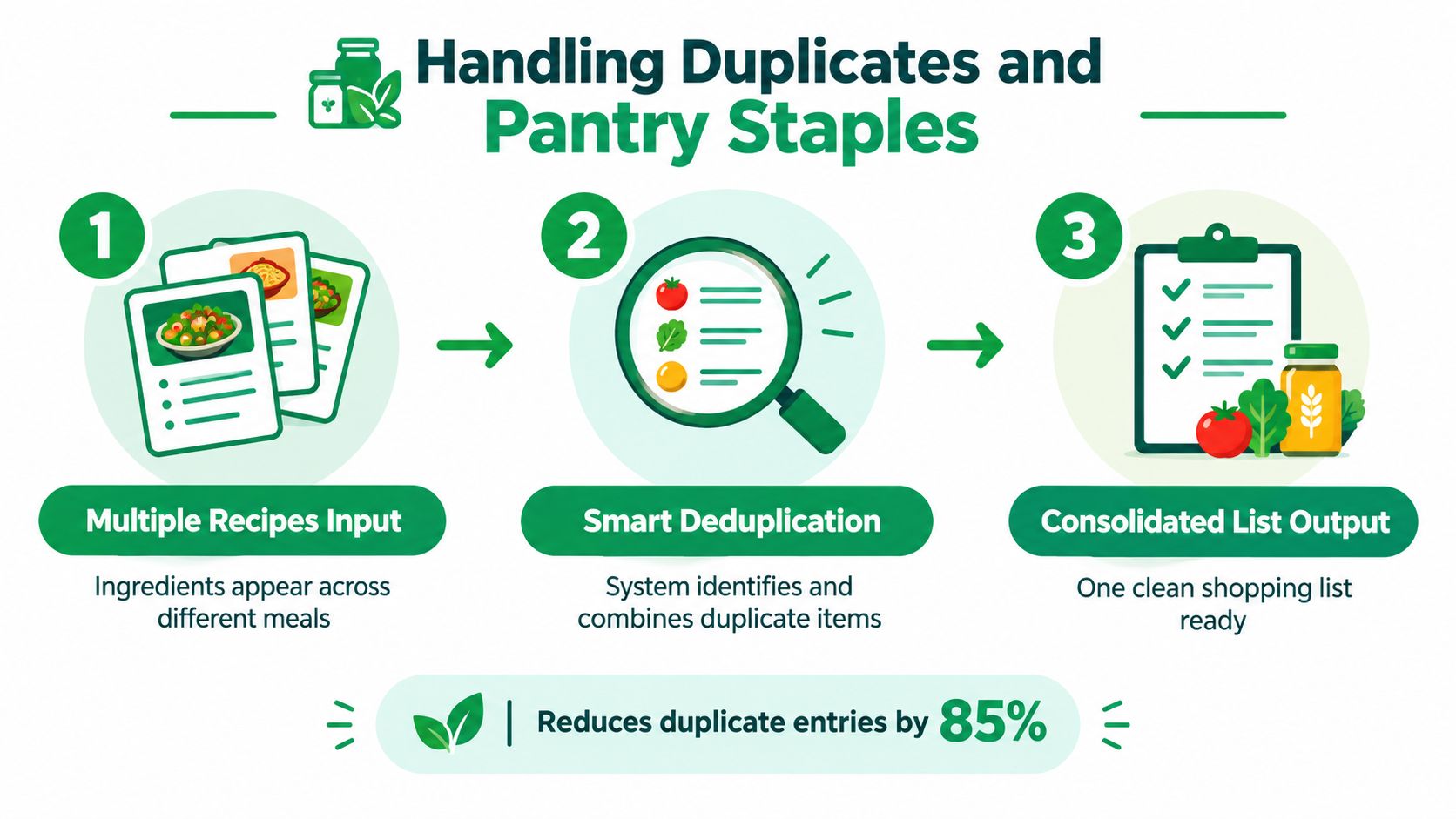A three-step infographic showing how to generate a consolidated grocery shopping list from multiple recipes.