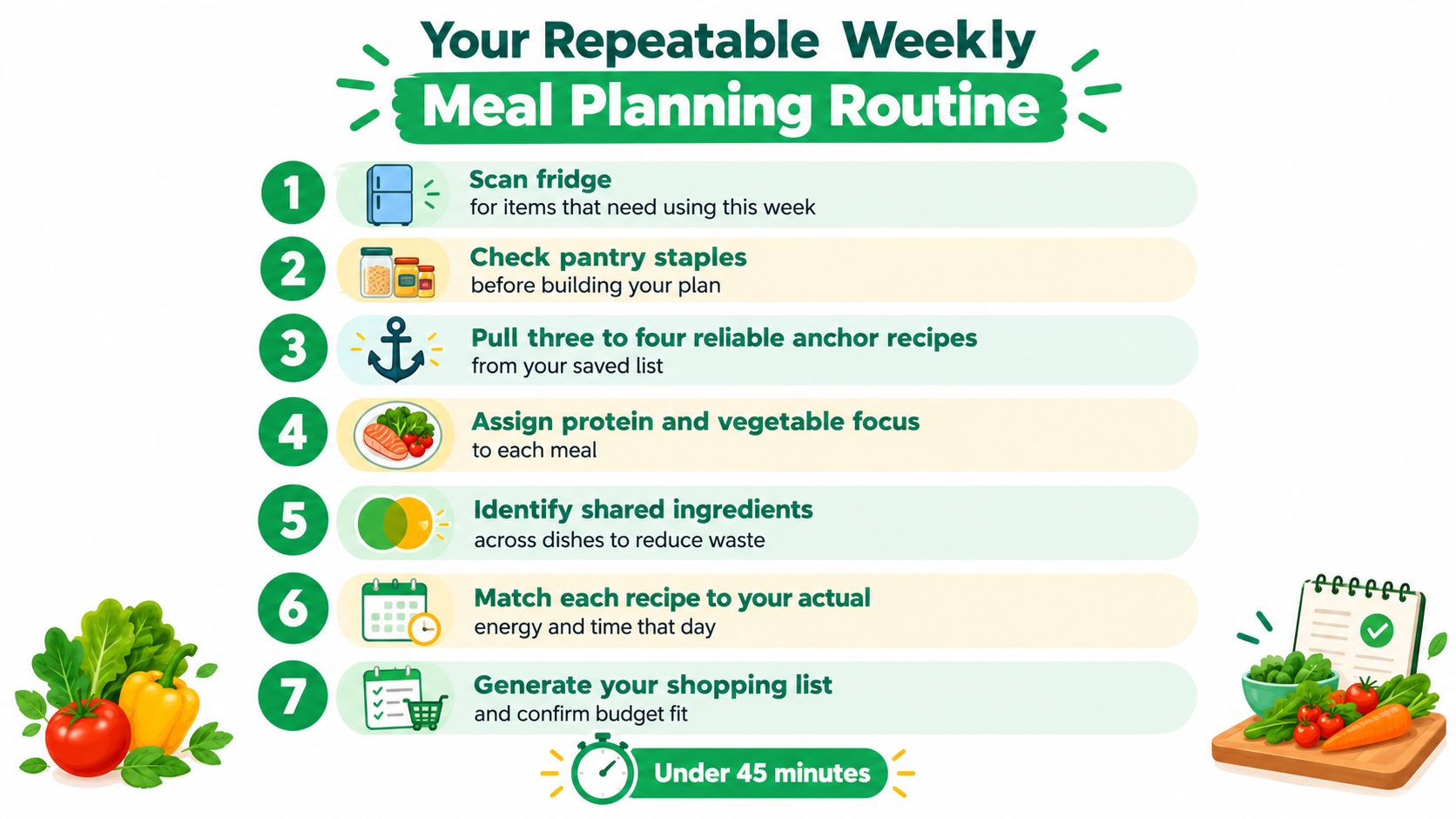 A seven-step guide illustration for creating a simple and efficient repeatable weekly meal planning routine.