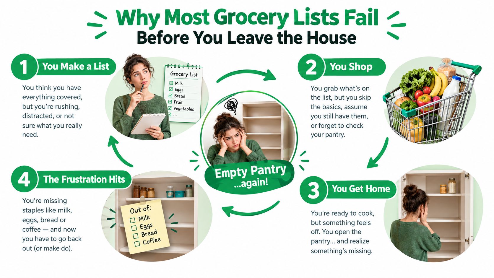 An infographic showing the four common pitfalls that cause grocery lists to fail before leaving the house.