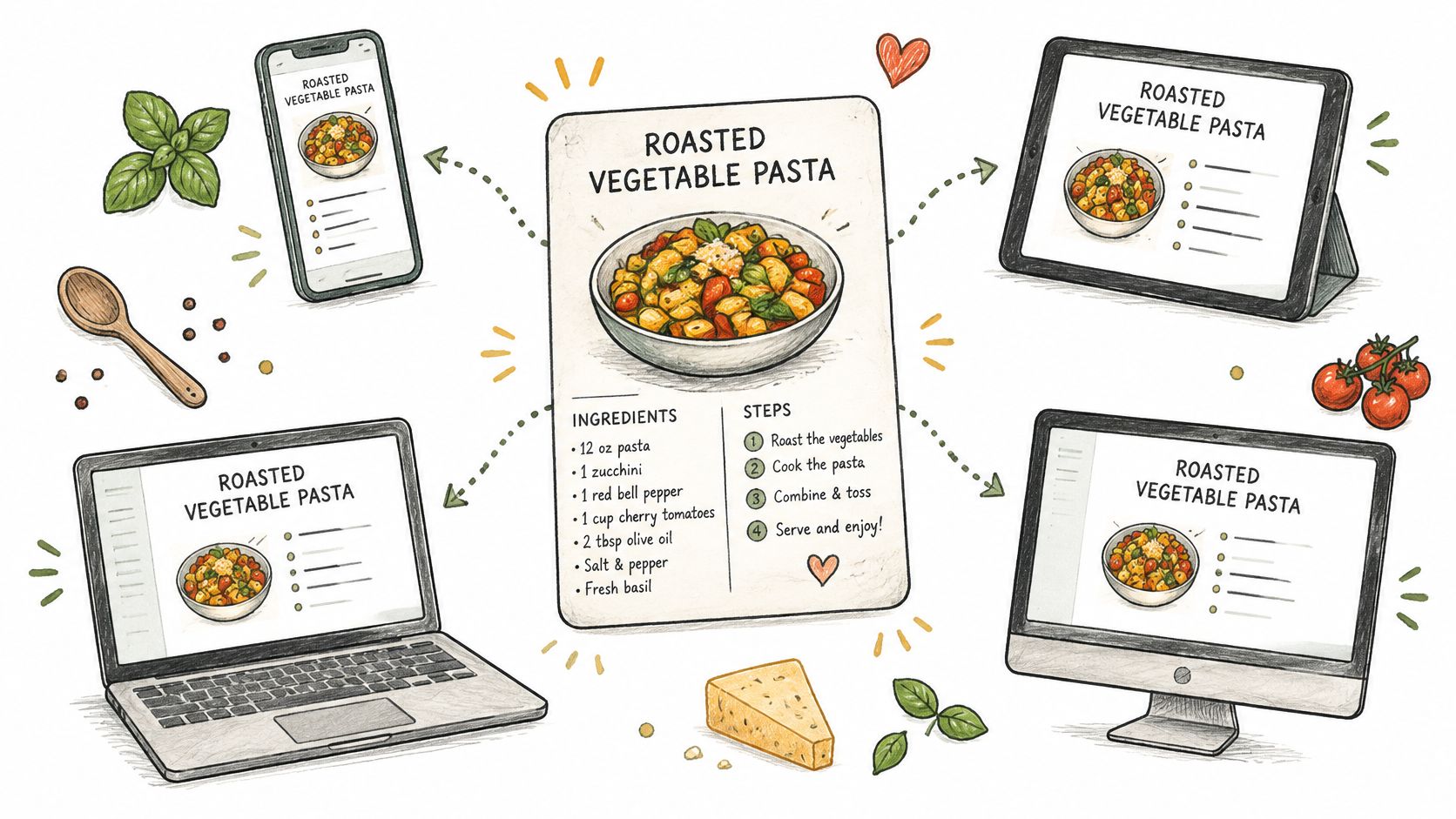 A digital recipe card for Roasted Vegetable Pasta surrounded by various devices displaying the same recipe.