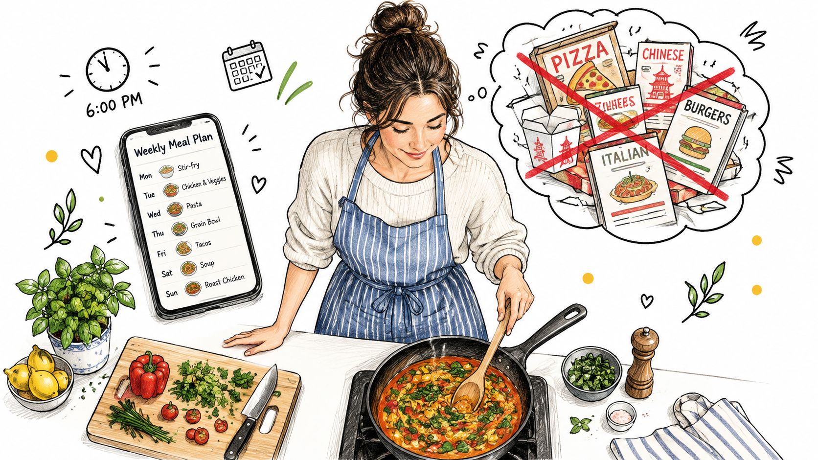 A woman cooking a healthy meal while looking at a weekly meal planner app on her phone.