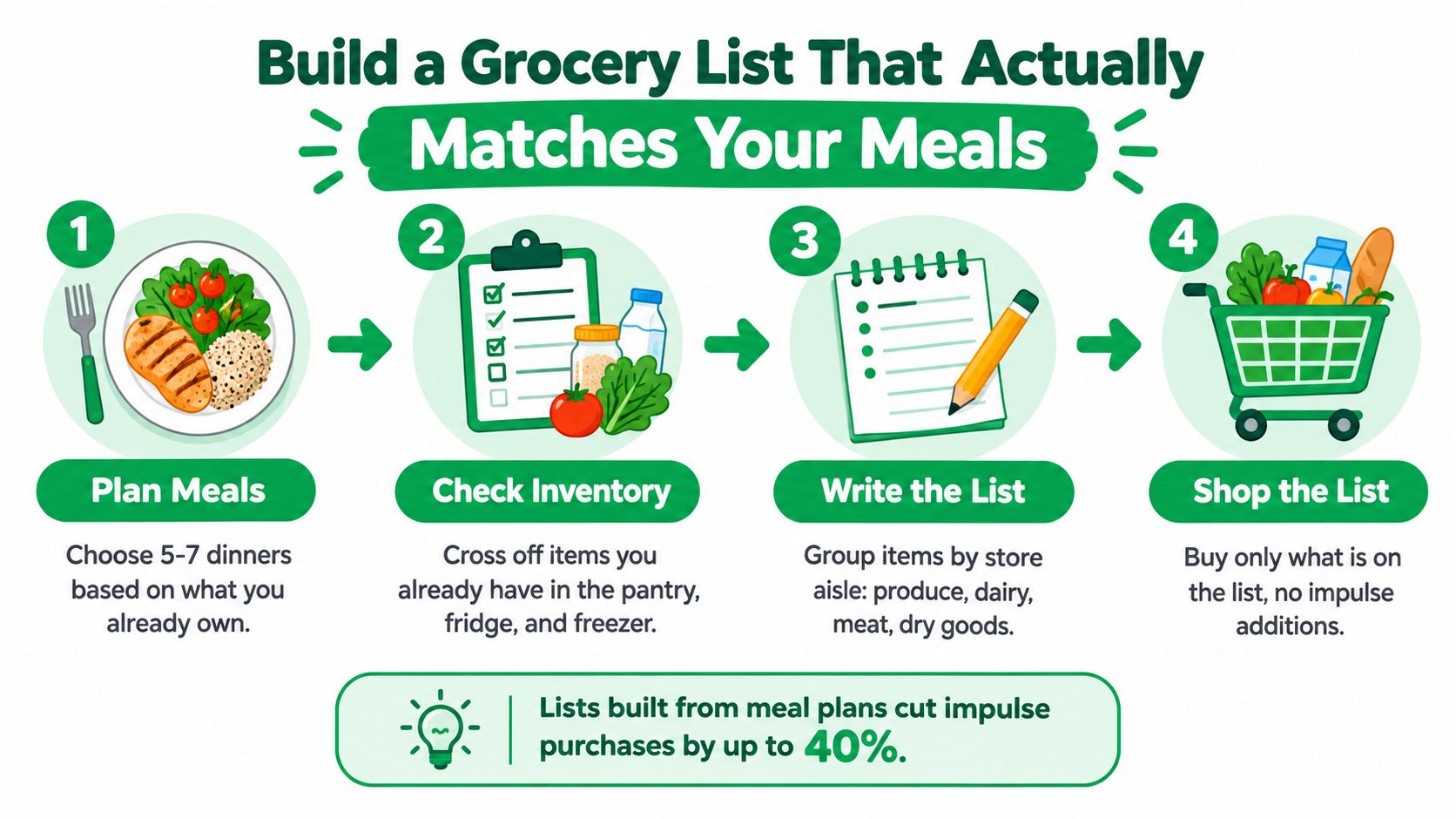 An infographic showing a four-step guide on how to build a grocery list to save money.