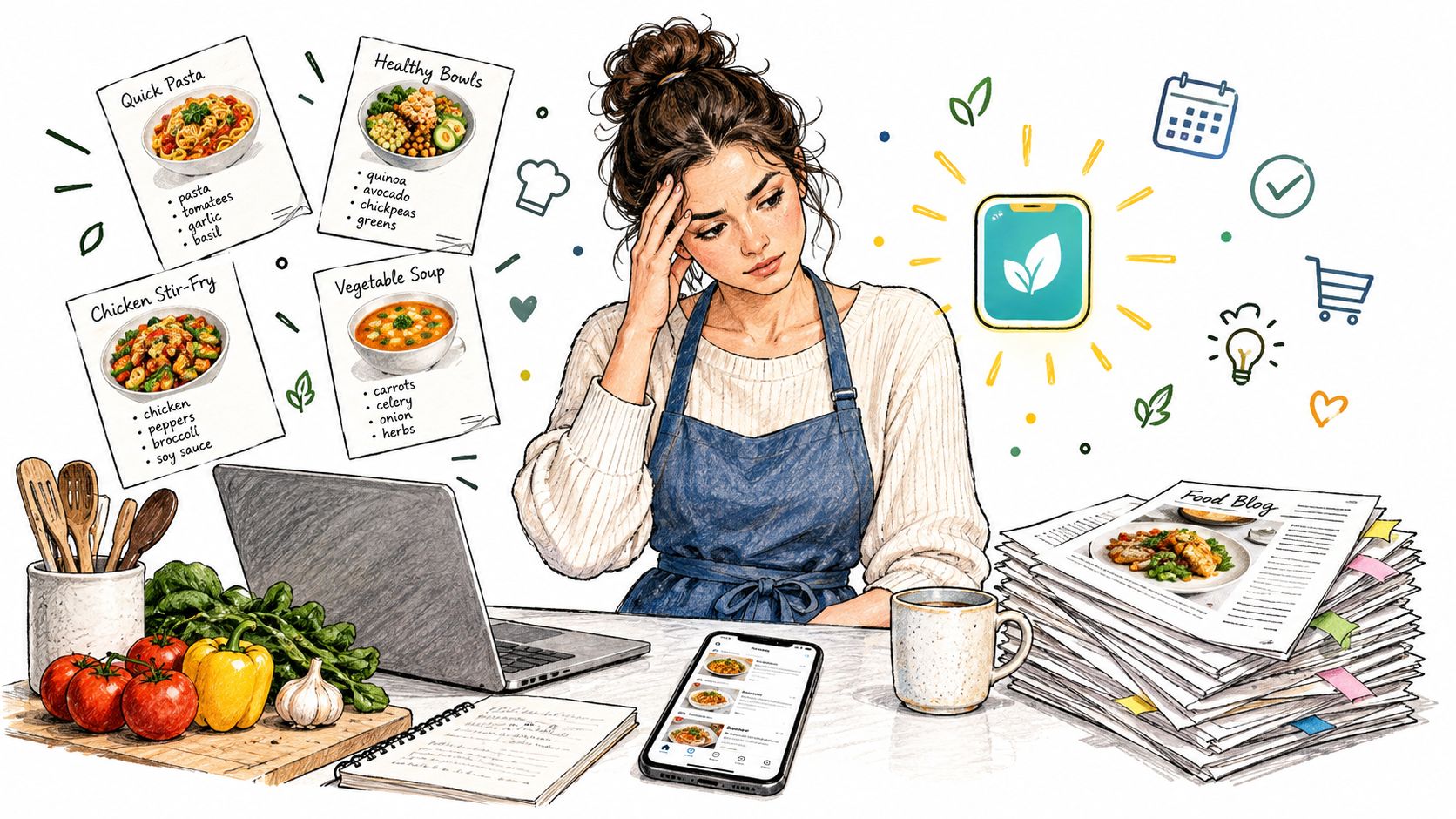 A woman in a kitchen apron planning recipes with a laptop, smartphone, and many food blog printouts.