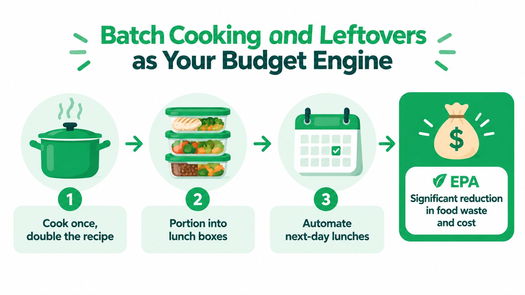 A process infographic showing three steps to batch cook food and save money on meals.