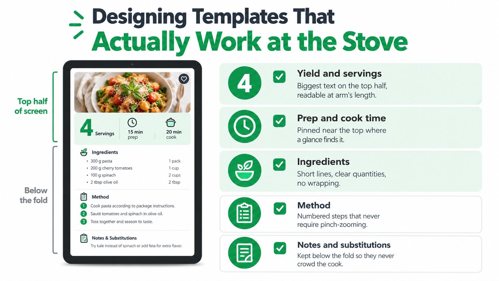 A digital screen showing a recipe design layout optimized for easy reading while cooking at the stove.