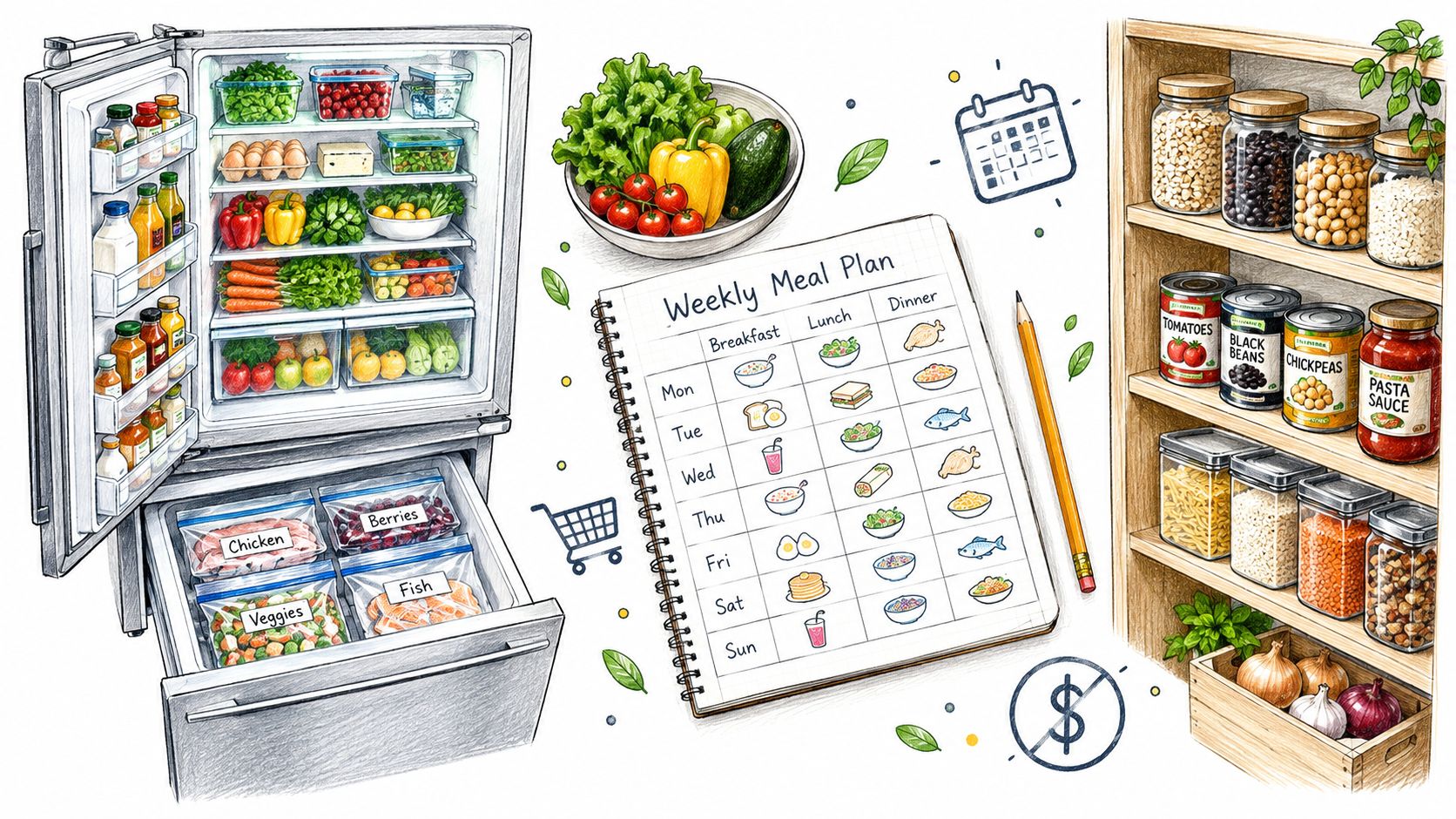 A hand-drawn illustration showing a refrigerator, a pantry with staples, and a weekly meal plan schedule.
