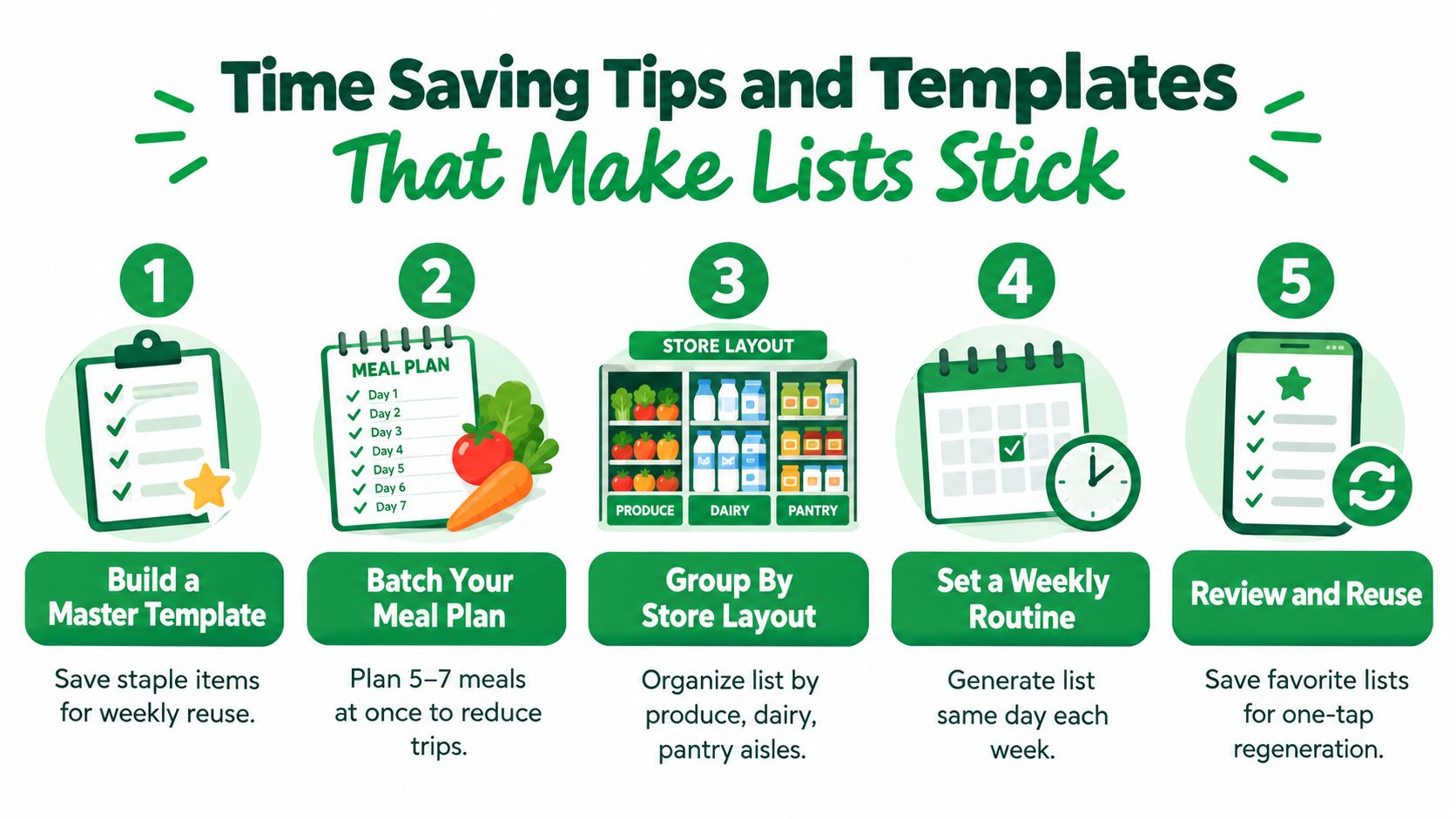 An infographic detailing five time-saving tips for creating an efficient and reusable grocery shopping list.