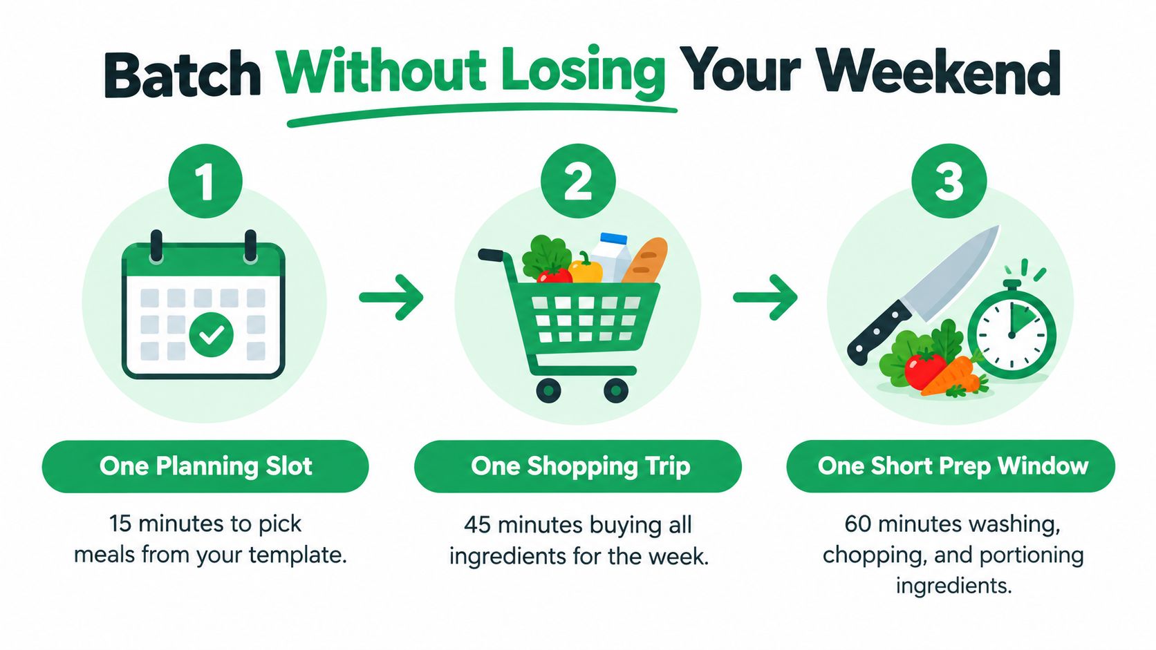 An infographic showing a three-step process for efficient meal planning, shopping, and prepping for the week.