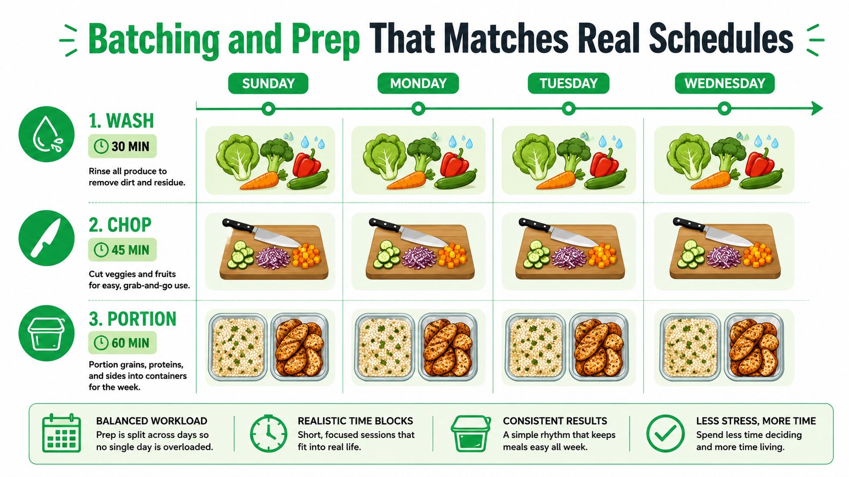 A meal prep schedule chart showing steps to wash, chop, and portion food across four days.
