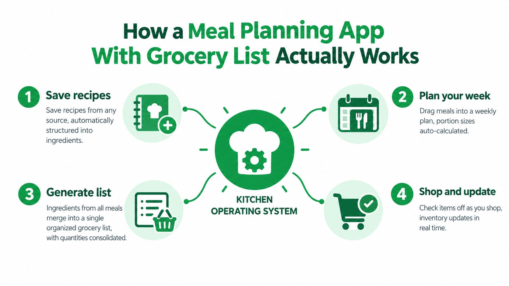 An infographic showing the four steps of how a meal planning app with a grocery list works.
