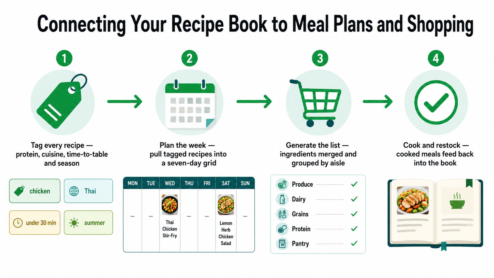 An infographic showing a four-step process for organizing recipes, meal planning, grocery shopping, and tracking meals.