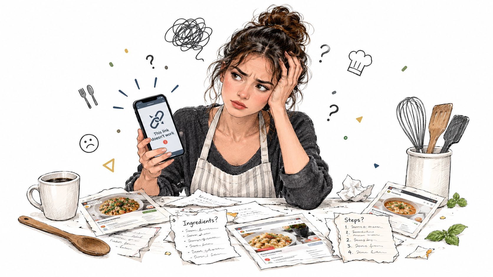 A frustrated woman looking at a broken link on her smartphone while cooking in a cluttered kitchen.