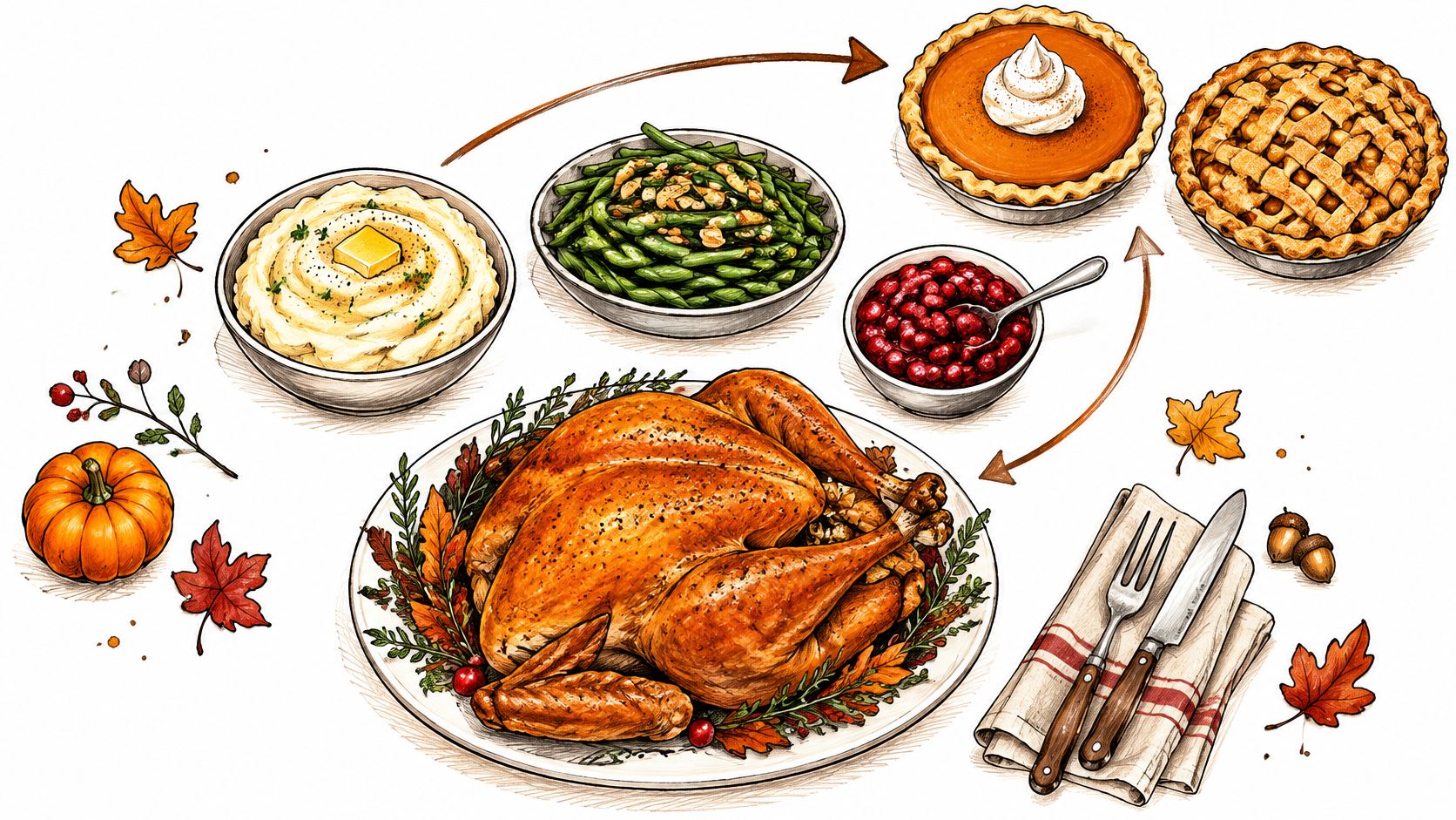 A hand-drawn illustration featuring a Thanksgiving dinner with roast turkey, mashed potatoes, green beans, and pies.