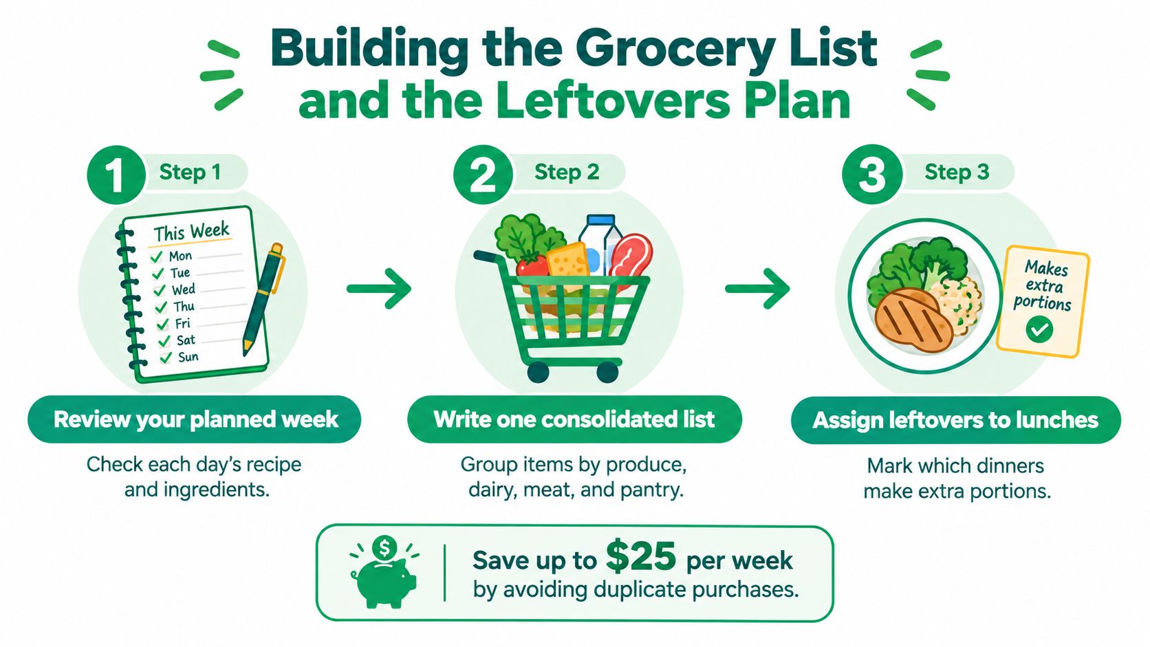 An infographic showing a three-step process for organizing grocery shopping and meal planning to save money.