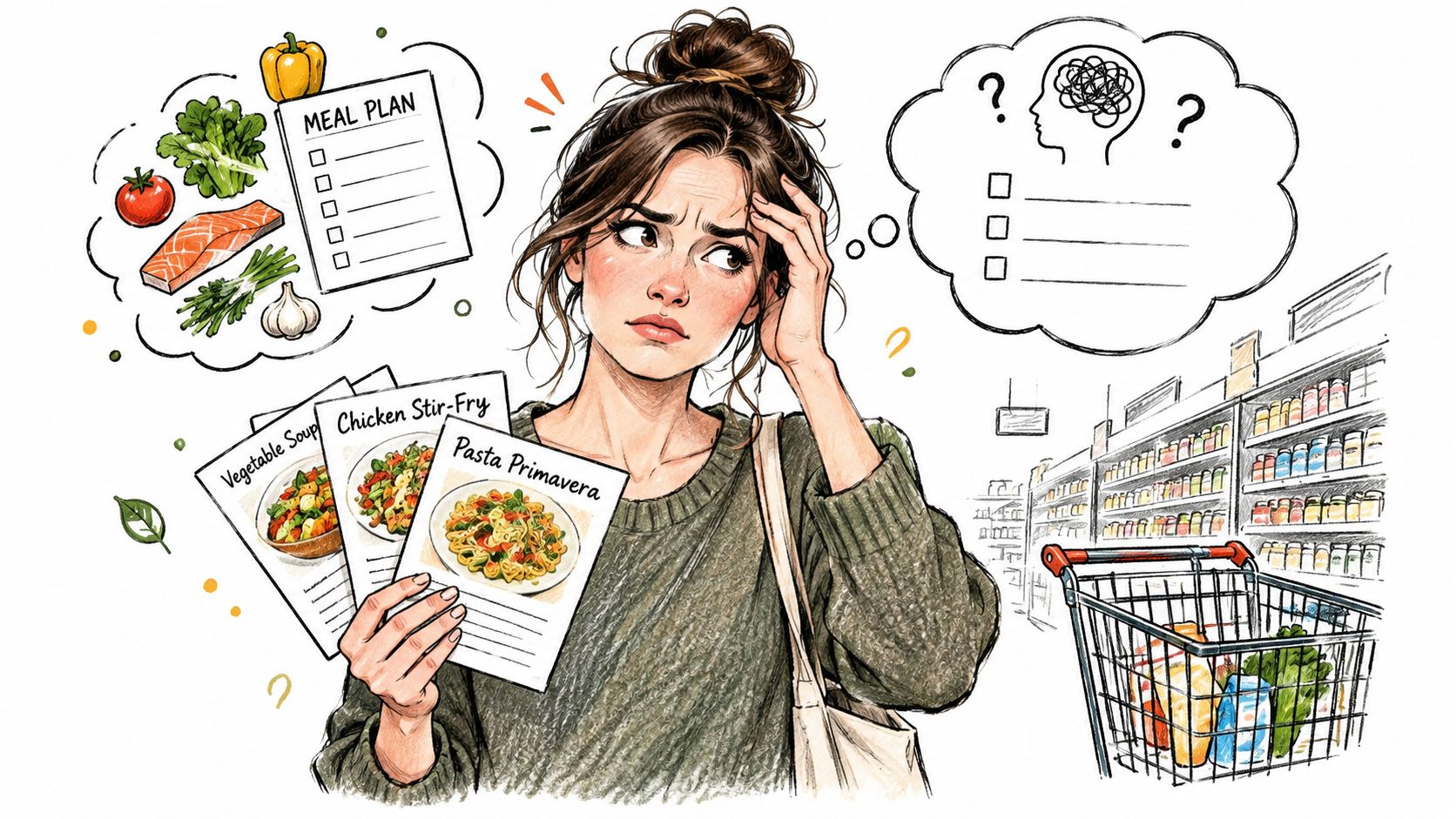 A confused woman trying to plan her meals and grocery shopping while looking at various recipe cards.